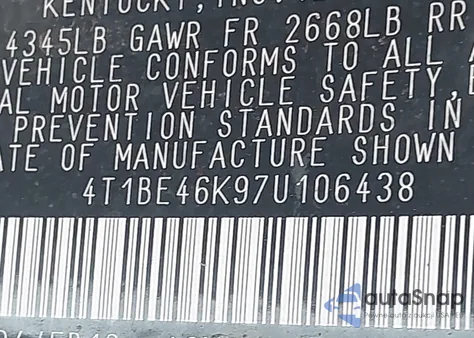 2007 Toyota Camry Le из США, поврежденный, VIN 4T1BE46K97U106438